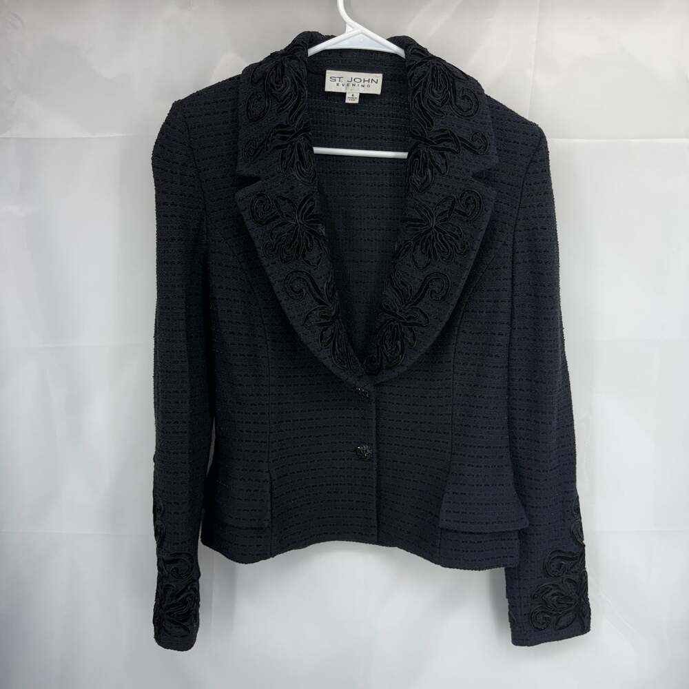 St John Women 4 Evening Jacket Embellished Lapel Black Shawl Collar Event Guest